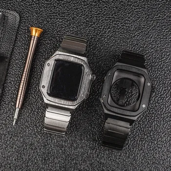  Ремешок + чехол для Apple Watch 45 мм, комплект модификации 44 мм, металлический браслет + защитный чехол iWatch Series 8 7 6 5 4SE, защитный чехол