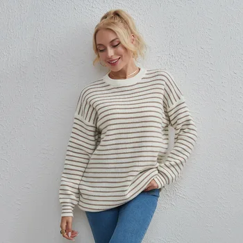  Новый хит продаж, женский универсальный топ в полоску с круглым вырезом, простой повседневный свободный свитер