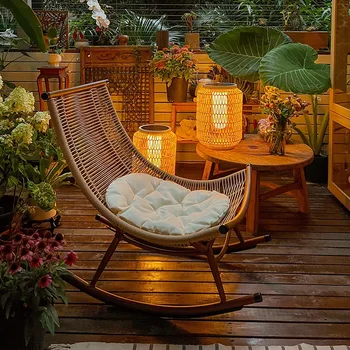  Ротанговое Кресло-Качалка Для Отдыха На Открытом Воздухе Деревянный Садовый Стул Для Отдыха Во Внутреннем Дворике Шезлонги На Заднем Дворе Мебель Для Балкона