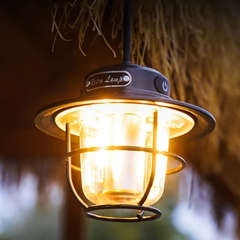  Светодиодный фонарь для кемпинга Винтажный 200ЛМ Походный светильник с плавным затемнением Type-C USB Перезаряжаемый для пеших прогулок, рыбалки в чрезвычайных ситуациях