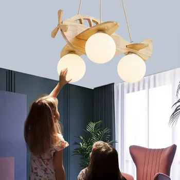  Мультяшная Деревянная люстра в виде самолета для детей, Спальня для мальчиков, светодиодная подвесная лампа, Подвесные светильники для детской