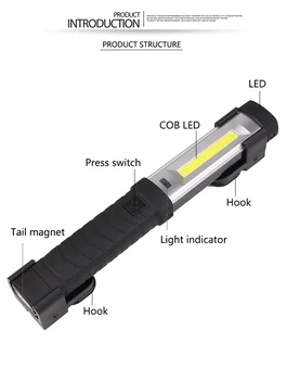  Мини-инспекционная лампа COB LED с сильным освещением, USB-аккумуляторная лампа с магнитным крюком, индикатор питания для кемпинга на открытом воздухе
