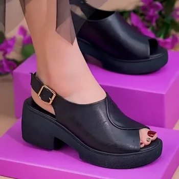  Летние удобные модные женские босоножки с толстой подошвой и квадратным каблуком, босоножки без задника, Большие Легкие черные сандалии