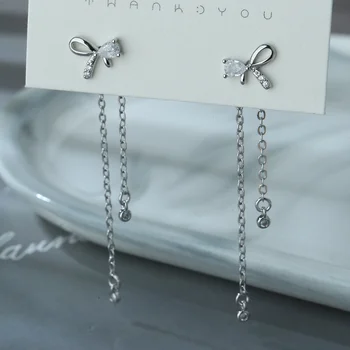  Серебряные серьги-бантики с кисточками для женщин, два способа ношения, инкрустированные циркониевыми заклепками для ушей, Корейские модные украшения
