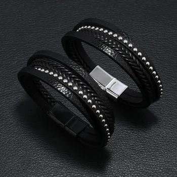  Мужской кожаный браслет в стиле панк с индивидуальными кожаными заклепками, Многослойный тканый браслет, магнитная пряжка, браслет из бусин для ногтей.