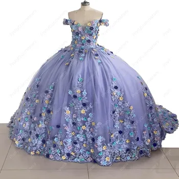 PrettyQuinceanera Разноцветные Пышные Платья с 3D Цветами и открытыми Плечами со шлейфом длиной 30 дюймов, Пышная Юбка, Бальное Платье
