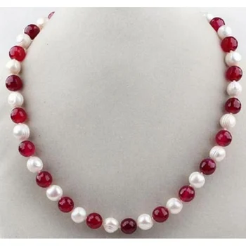  Длинное ожерелье из настоящего натурального белого жемчуга и красных нефритовых круглых бусин длиной 18 дюймов 7-8 мм
