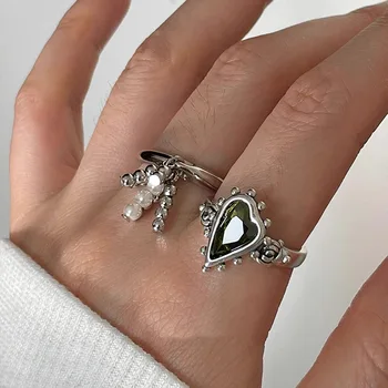  Кольца с кисточками в стиле ретро из стерлингового серебра 925 Пробы для женщин Простая Корейская мода Неправильной формы, Регулируемое кольцо ручной работы с зеленой любовью