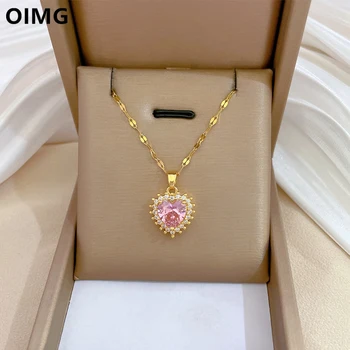  OIMG Нержавеющая сталь 316L, Позолоченное Романтическое Розовое Циркониевое ожерелье в форме сердца для женщин, Подарки для принцессы на День Рождения