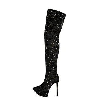  Роскошные женские ботфорты выше колена, черные сапоги Meteor с острым носком, пикантные женские ботинки на платформе на шпильке, осенне-зимняя обувь для ночного клуба