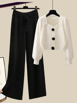  2023 Зимние трикотажные комплекты из двух предметов для женщин, пуловер с квадратным воротником и длинным рукавом, вязаный свитер + Широкие брюки с высокой талией, комплекты