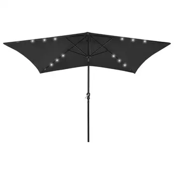  Зонтик размером 6,6 × 9,8 дюйма со светодиодами и стальной опорой для наружных садов на заднем дворе, черный / белый