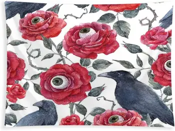  Настенный гобелен, Гобелен для общежития колледжа, красные розы с готическим рисунком на Хэллоуин с глазными яблоками и черными листьями из шипов ворона, Забавный