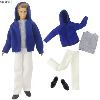 Синий комплект одежды для куклы 1/6 для мальчика Кена, одежда для куклы, теплая толстовка, пальто, куртка, жилет, Брюки, Обувь для парня Барби, Аксессуары для Кена