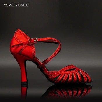 Блестящие красно-черные стразы, Туфли для латиноамериканских танцев Сальсы, Танцевальные туфли на каблуках 6-10 см по индивидуальному заказу для женщин