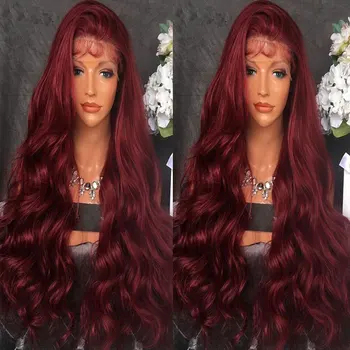  Темно-винно-красные синтетические волосы на кружеве, парики свободной волны, высококачественное термостойкое волокно, предварительно выщипанное из детских волос для женщин