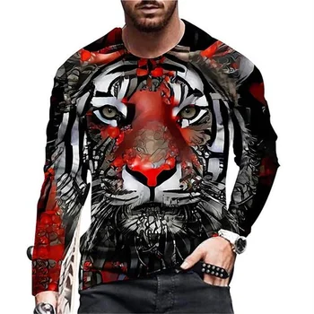  Мужская футболка с воротником и 3D принтом тигра с длинными рукавами, модная повседневная футболка, топ, дышащая футболка свободного кроя, уличная