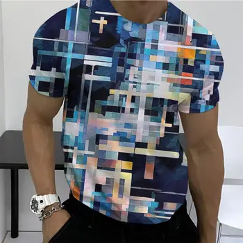  Мужская футболка с абстрактным клетчатым рисунком, футболка с градиентным принтом, О-образный вырез, короткий рукав, Базовый повседневный топ, Винтажная модная одежда
