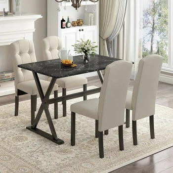  Обеденный стол из массива дерева из 5 предметов со столешницей из искусственного мрамора и обеденными стульями с мягкой обивкой, прочный для кухни ресторана