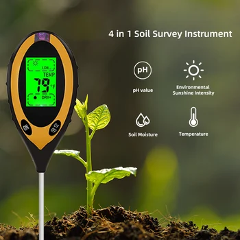  Цифровой измеритель PH почвы 4 в 1, монитор влажности, температура, тестер солнечного света, анализ для садоводства, выращивания растений с Blacklight