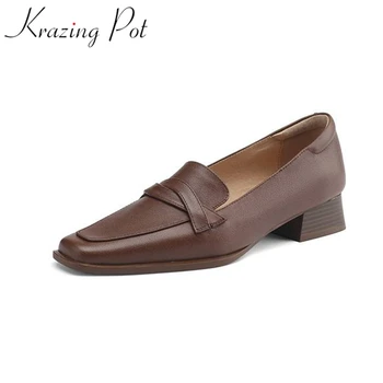  Krazing Pot, натуральная кожа в стиле ретро, толстые средние каблуки, зрелая леди, размер 42, Квадратный носок, Женские осенние туфли-слипоны, Великолепные туфли-лодочки