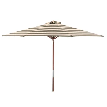  Классический деревянный 9-футовый круглый зонт в полоску, мягкий черный и слоновая кость