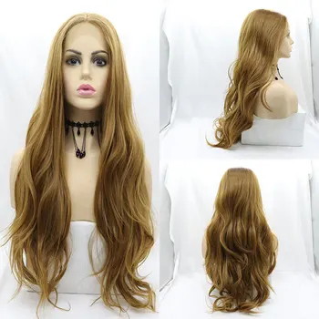  Светло-коричневый парик из синтетических волос на кружеве, натуральная волна, Термостойкие волокнистые волосы, естественная линия роста волос, средний пробор для женских париков