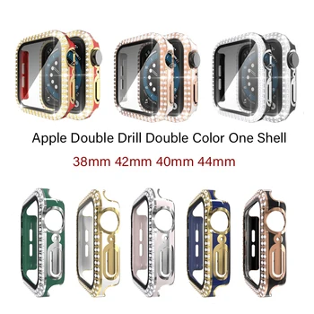  Двухцветный чехол для ПК с двумя бриллиантами для Apple Watch 40 44 мм 38 мм 42 мм, чехол из закаленной пленки для Iwatch серии 6 5 4 3 SE, защита экрана