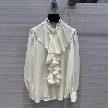  Милая винтажная женская рубашка из 100% шелка, съедобный древесный гриб, воротник-стойка, оборки, шифоновая футболка с рукавами-фонариками в стиле пэчворк, Топы