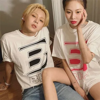  Корейская модная футболка для пары Bl * r1.0 в стиле 김현아 Hyuna's, с крупным алфавитным принтом, повседневная уличная одежда