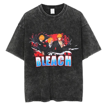  Мужская уличная одежда, футболка с изображением японского аниме BLEACH, Негабаритная черная выстиранная футболка 2023, Топы в стиле хип-хоп Harajuku, Хлопковая футболка