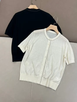  Женская футболка 2023, летний вязаный кардиган с короткими рукавами и круглым вырезом, футболка