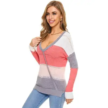  Новый женский свитер с V-образным вырезом, свободной крупной вязки, цветной блок
