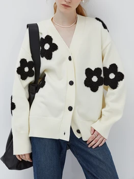  Белый кардиган с V-образным вырезом, свободный, утолщенный Корейский модный вязаный свитер, пальто, Осенние новые однобортные кардиганы 2023 для женщин