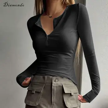 Топ Y2K с длинным рукавом на пуговицах Diamondo, женская базовая рубашка, Повседневный топ, Сексуальный стиль, Уличная одежда с V-образным вырезом для пикантных девушек.
