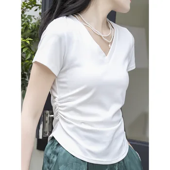  Приталенная летняя футболка с V-образным вырезом и складками в корейском стиле, пикантная девушка, Уютный Универсальный дышащий однотонный простой женский топ