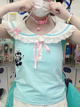  Летняя Сказочная Кружевная футболка в стиле Пэчворк в японском стиле Harajuku, Футболка с вышивкой Kawaii Y2k, Эстетическая Милая футболка для электронной девушки