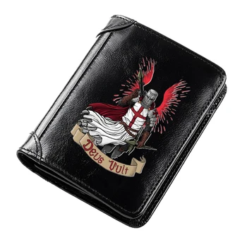  Мужские кошельки из натуральной кожи с принтом Черного рыцаря-тамплиера Deus Vuit, тонкий короткий кошелек для кредитных карт, удостоверяющий личность, RFID, денежный мешок