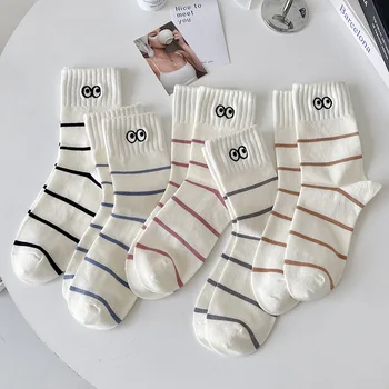  1 пара осенне-зимних носков Kawaii, хлопчатобумажные женские носки Harajuku с вышивкой в виде глаз, белые спортивные носки для колледжа средней длины