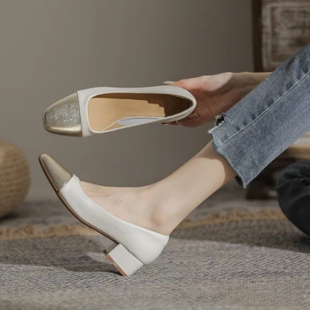  Женские туфли из натуральной кожи с квадратным носком на толстом каблуке 3,5 см на тонких каблуках
