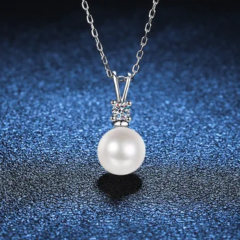  Натуральный жемчуг, 100% Серебро 925 пробы, Круглое ожерелье с подвеской из муассанита D-цвета для женщин, Сверкающие ювелирные украшения для свадебной вечеринки